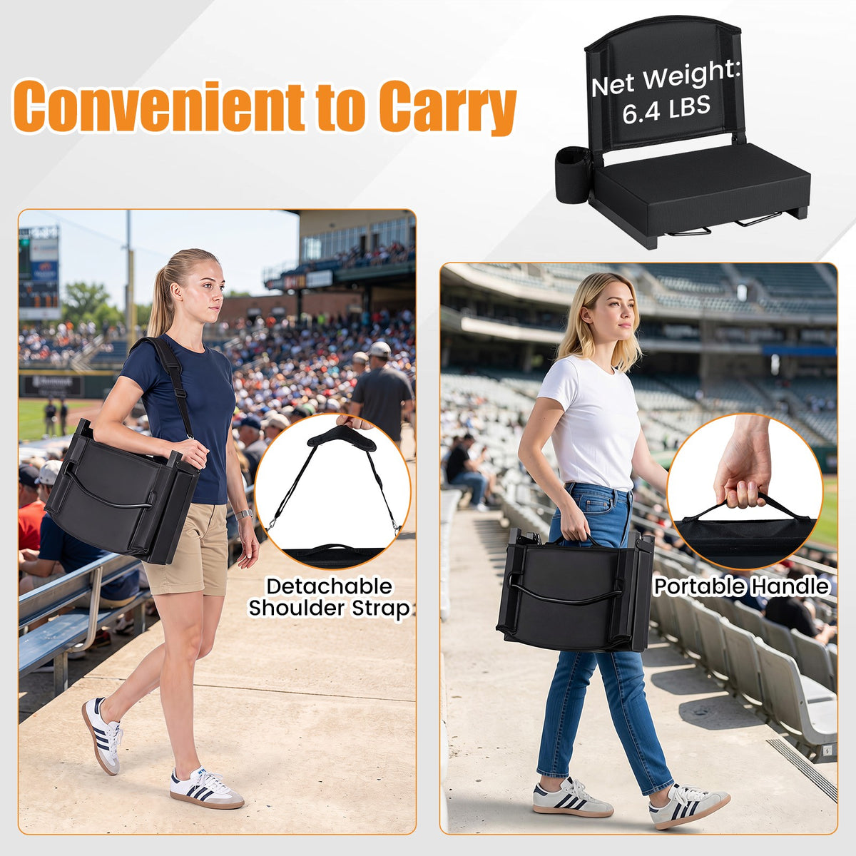 Premium Stadium Seat with Back Support and Cup Holder, Padded Portable Bleacher Cushion