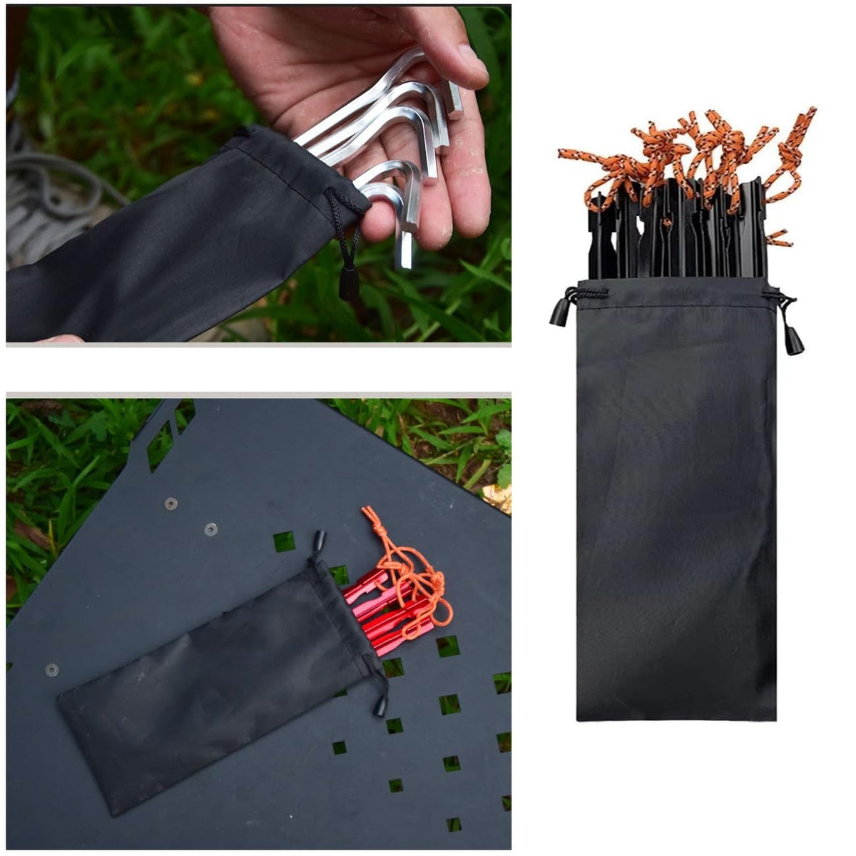6 Pack Aluminum Tent Stakes Bag with Drawstring Storage Pouch - Camping Gear Organizer