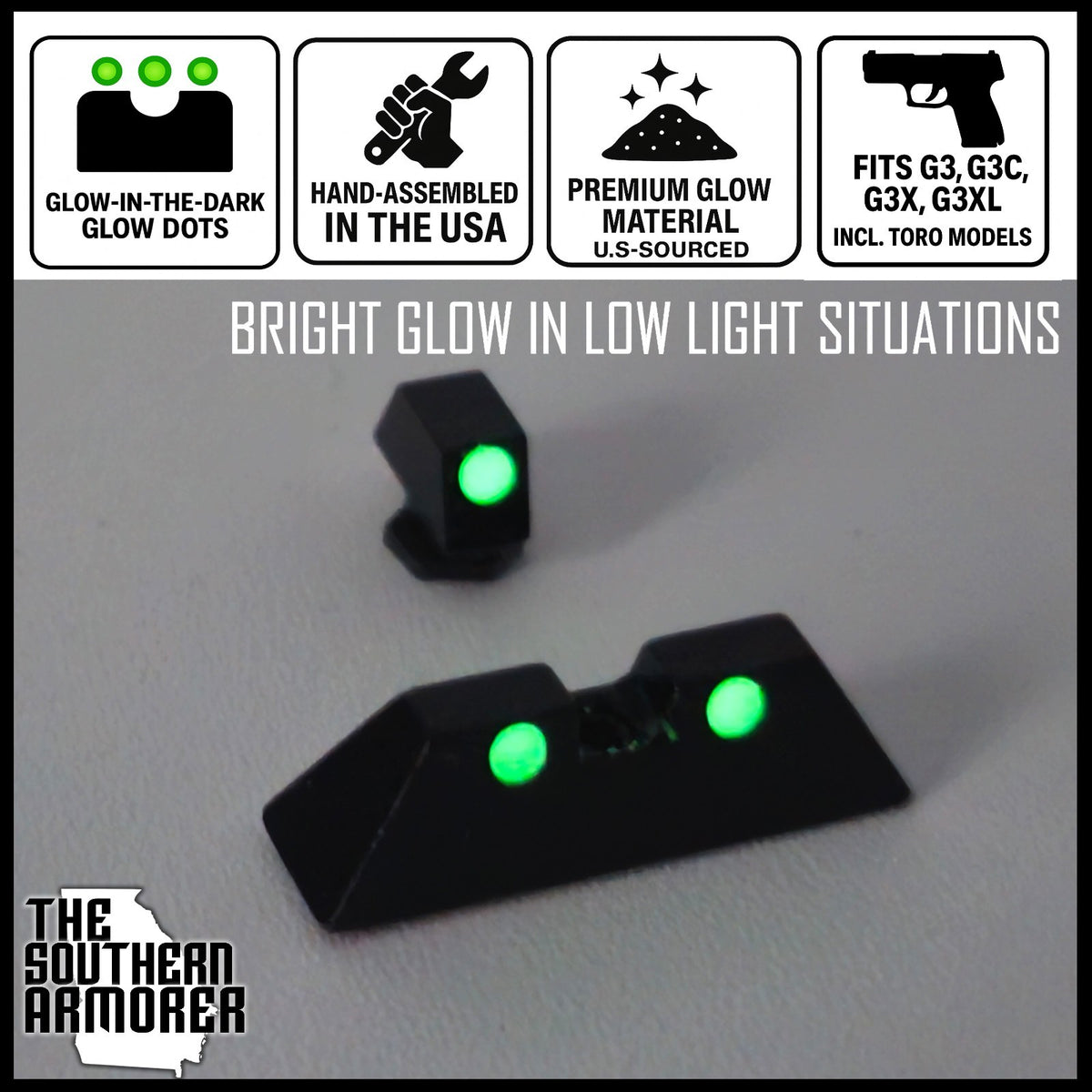 Glow-In-Dark Night Sights for Taurus G3 G3C G3X G3XL Toro Dovetail Front & Rear Set