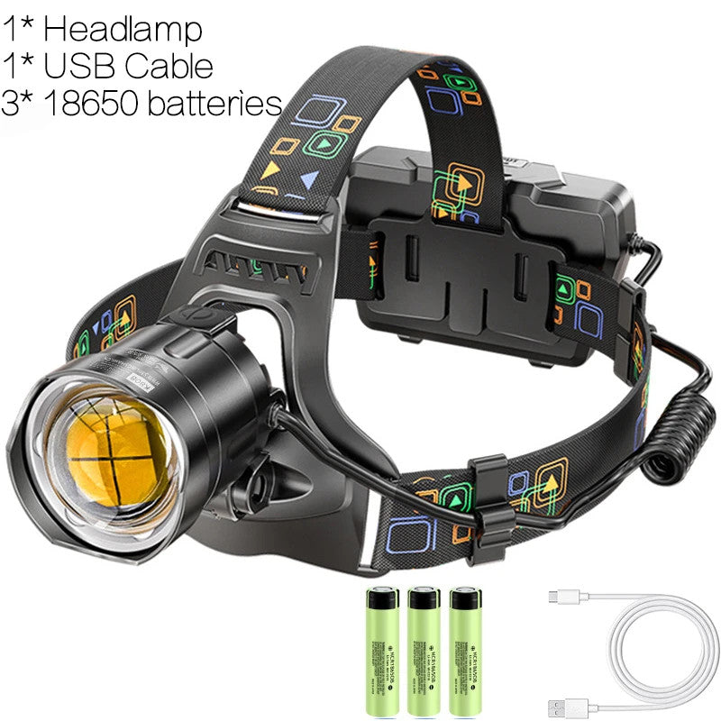 High Power LED Headlamp USB Rechargeable Zoom Outdoor Flashlight - Waterproof, 4500 Lumens