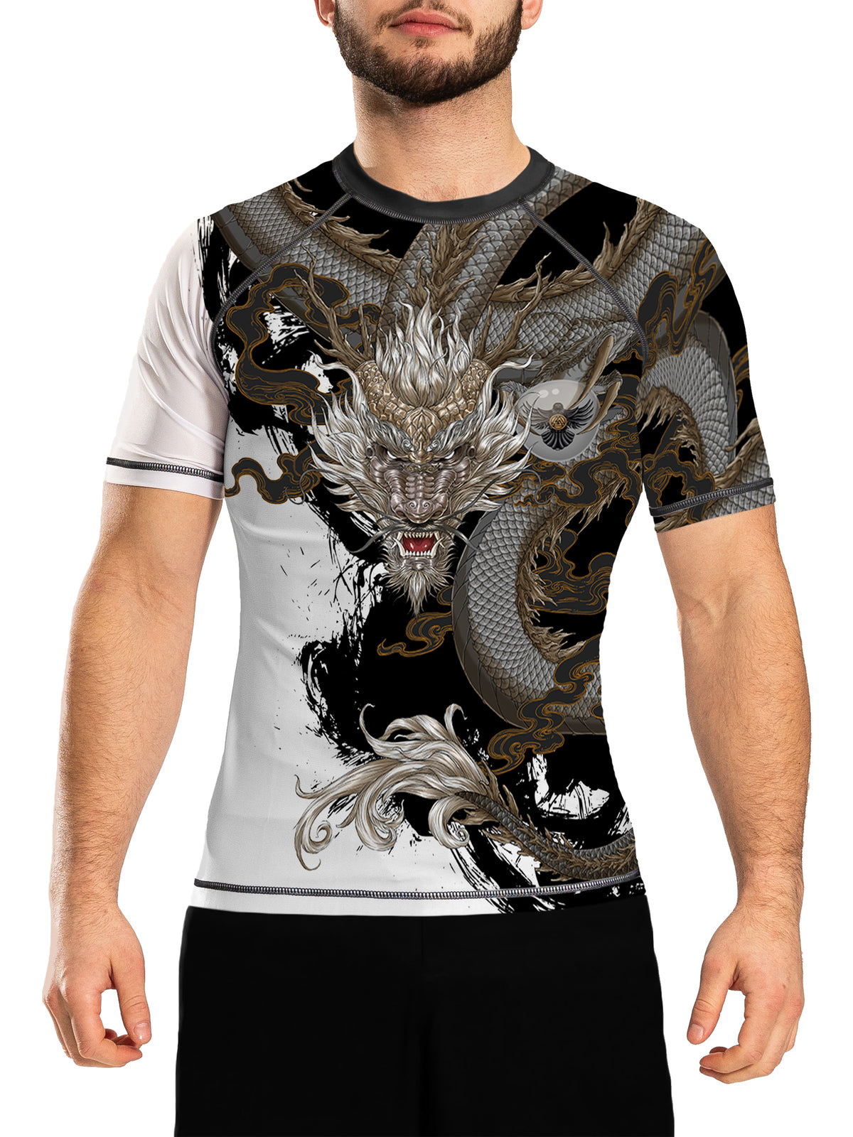 Men's Year of the Dragon Rash Guard Short Sleeve MMA BJJ White