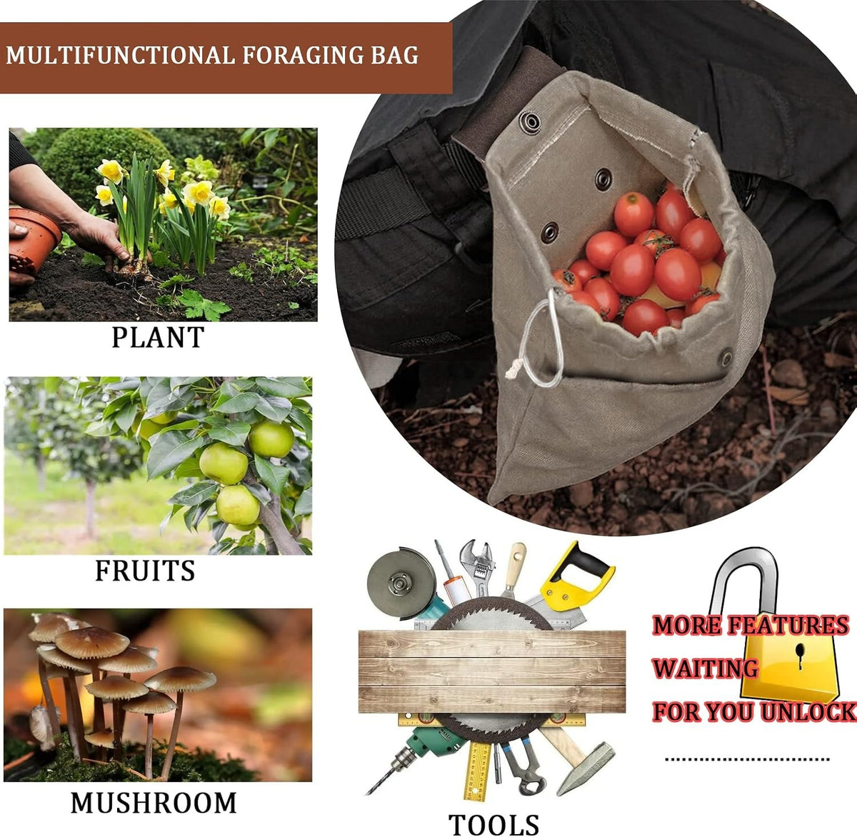 Water-Resistant Canvas Foraging Pouch with Leather Handles, Collapsible Bag for Mushrooms & Outdoor Activities