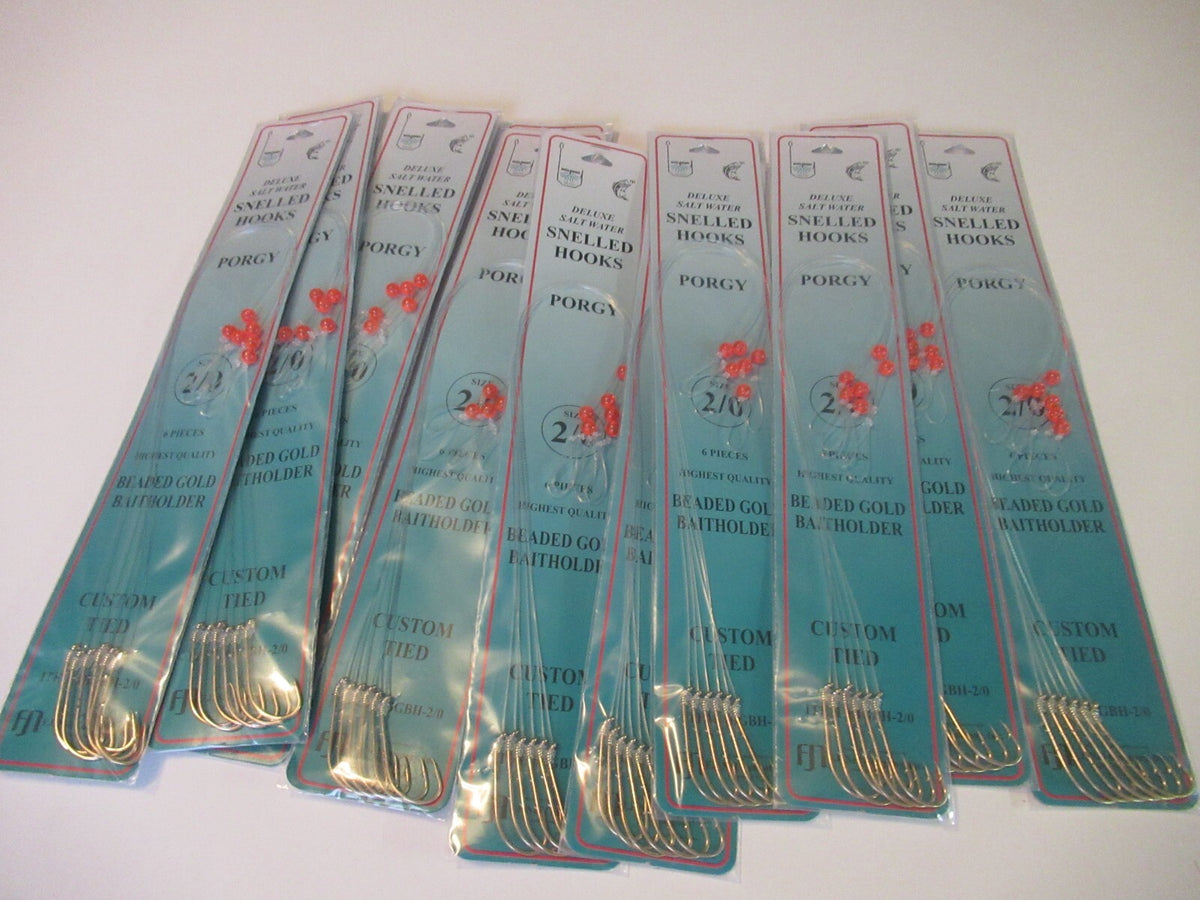 Beaded Gold Fish Hooks for Porgy Sea Bass - Snelled Bait Holder Rig 12" Mono