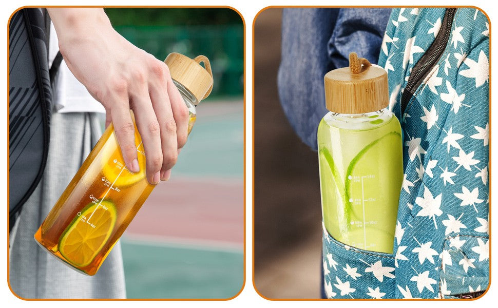 17oz Glass Water Bottle with Time Marker, Leakproof Lid & Strap