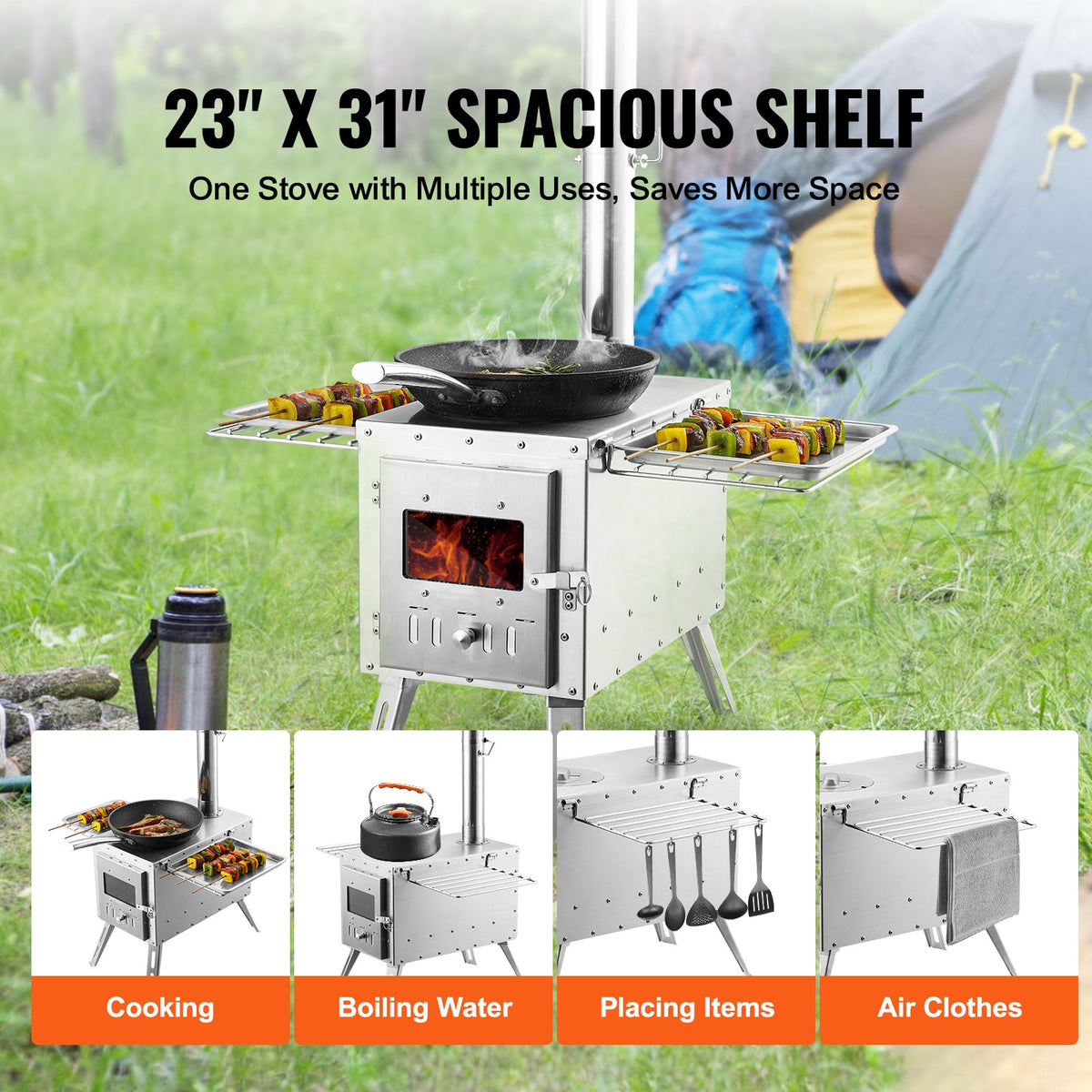 Portable Wood Stove for Camping Tent with Pipe - Stainless Steel