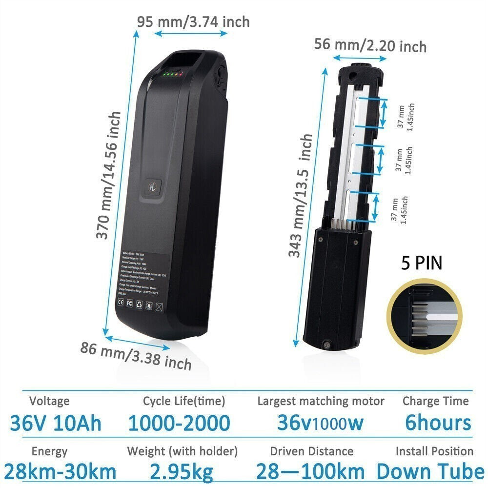 Electric Bike Battery 36V/48V 10Ah/15Ah/20Ah with 4Pin/5Pin Connector – Universal eBike Power Pack