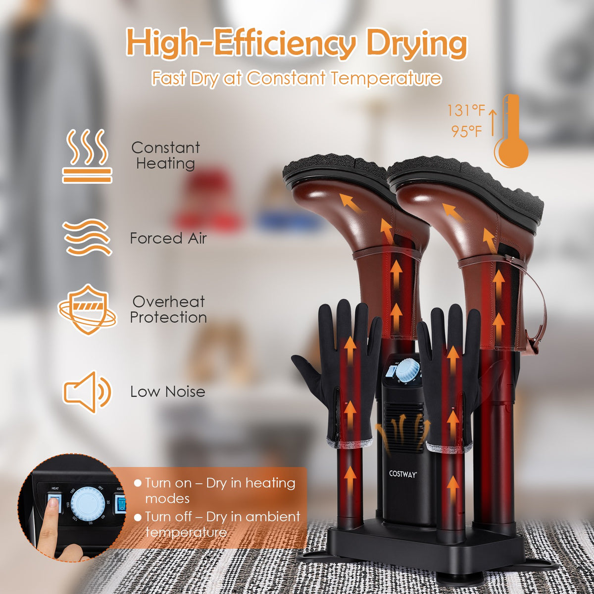 Electric Shoe Dryer with Ozone Deodorizer, 4 Shoe Capacity, Timer, Black