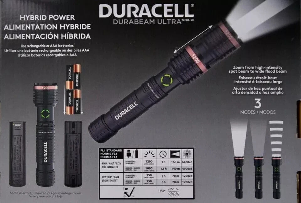 Duracell LED Flashlights Set of 3 1200 Lumens Rechargeable & AAA USB-C Cables