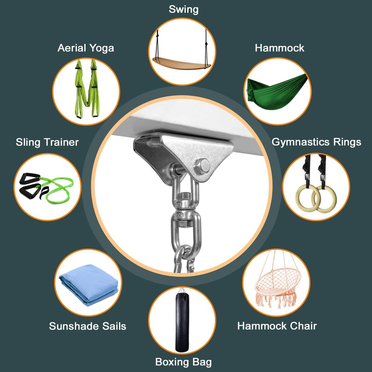Heavy Bag Hanger with Stainless Steel Swivel Chain and 4 Snap Hooks
