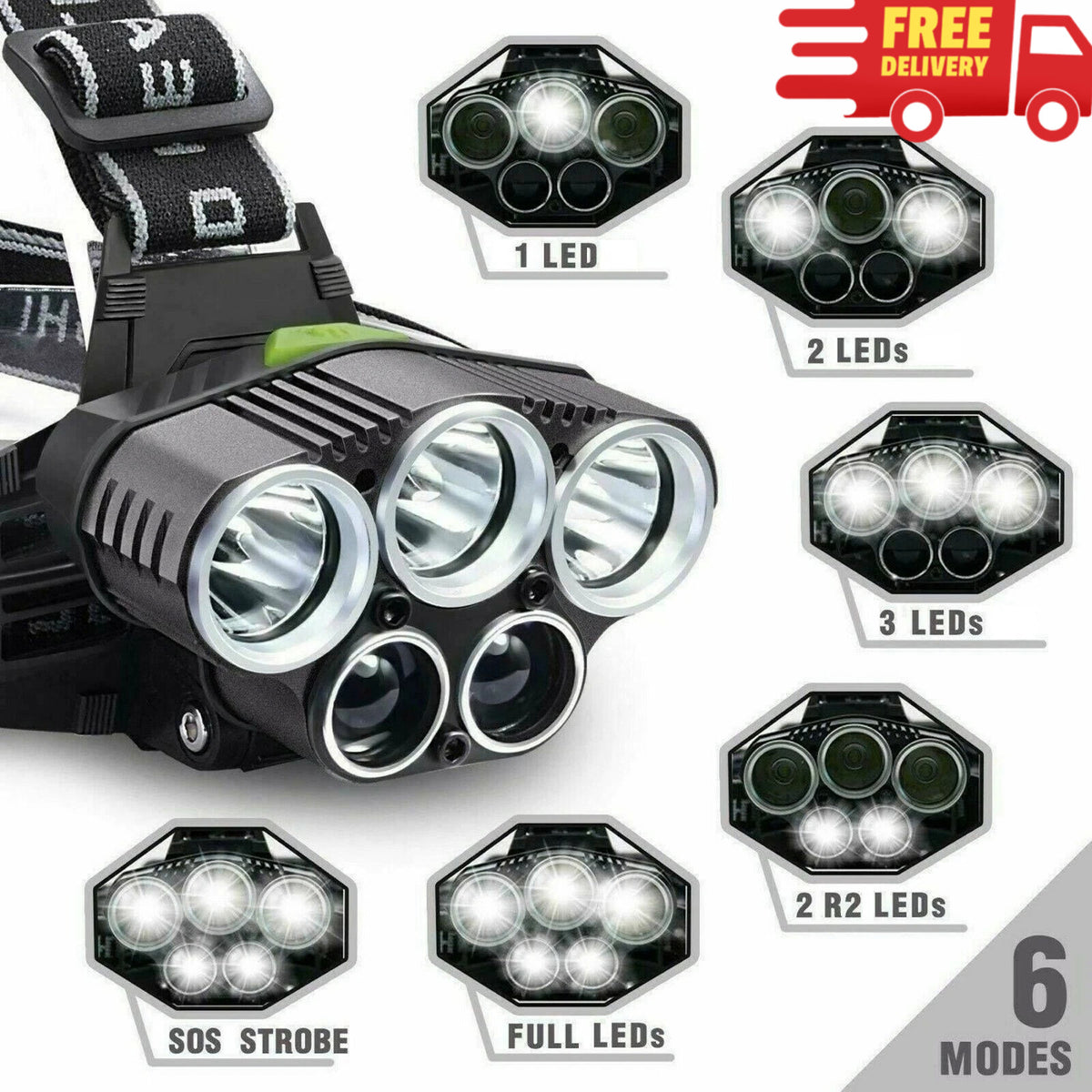Rechargeable 5 LED Headlamp with Zoom Focus - USB Head Torch for Camping Hiking Repair