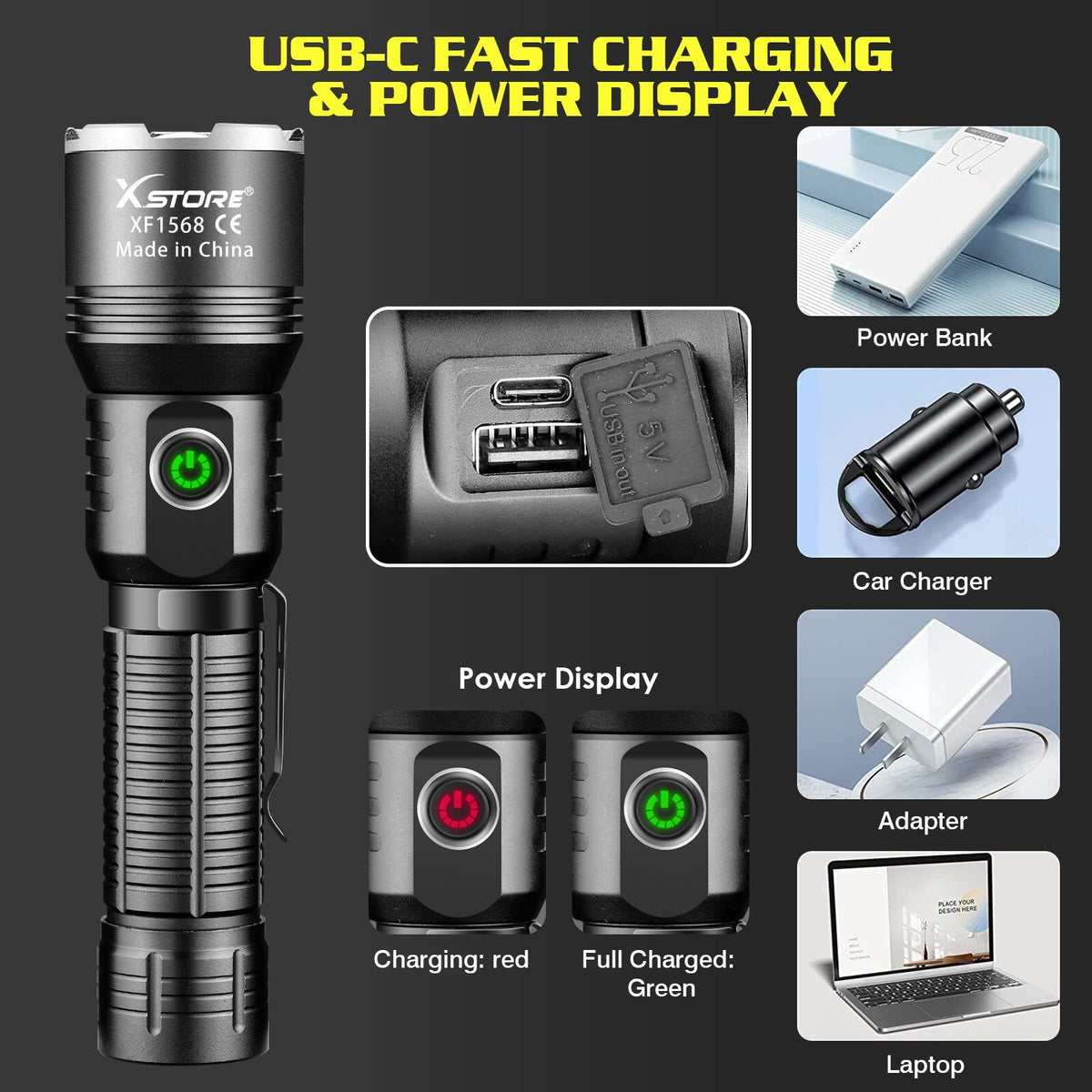 Rechargeable 15W LED Tactical Flashlight with Adjustable Focus Waterproof Work Light