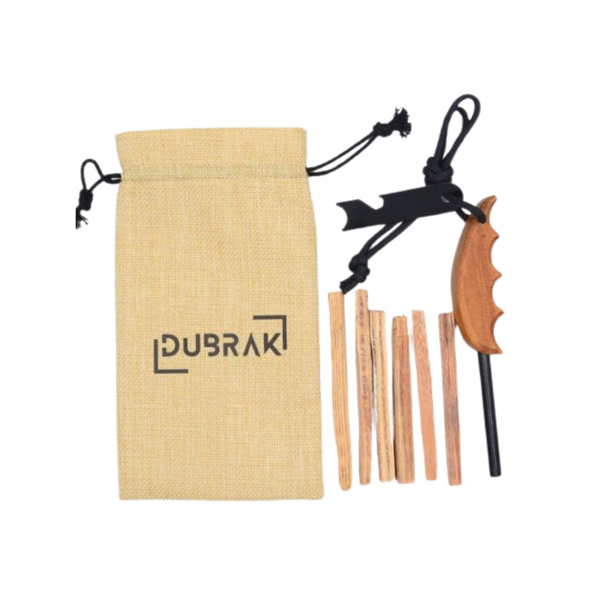 Ferro Rod Fire Starter Kit with Wooden Handle, Fatwood & Burlap Bag