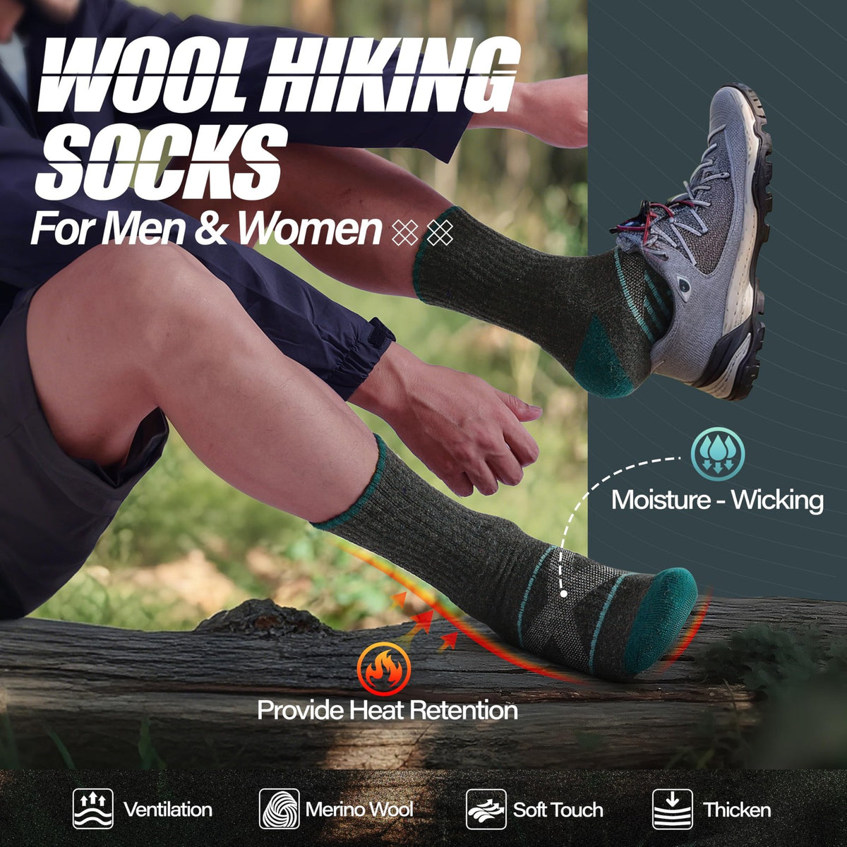 Merino Wool Hiking Socks - Large, Moisture-Wicking, Supportive, Multi-Color Set