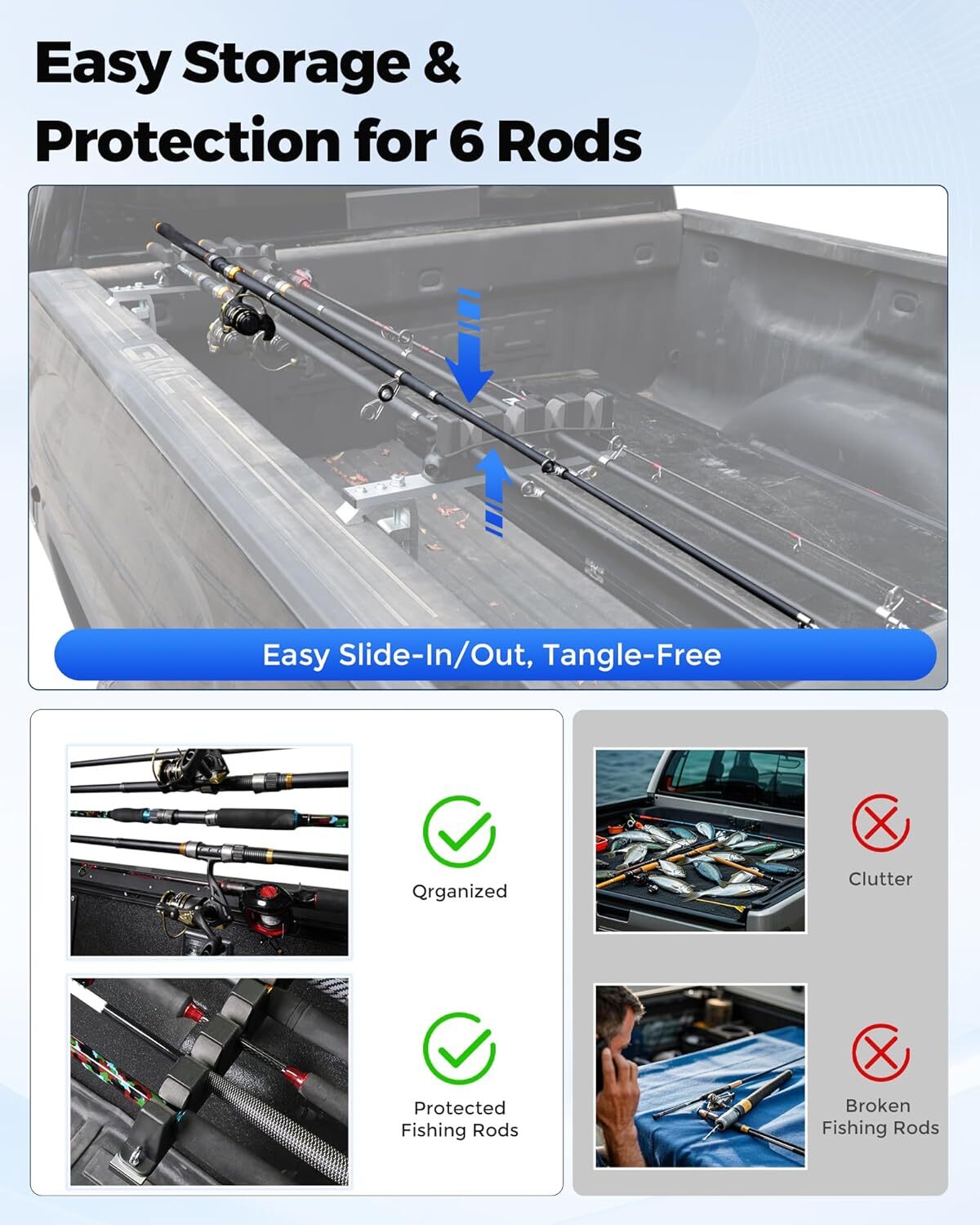Heavy-Duty Aluminum 6-Rod Truck Bed Fishing Rod Rack Mount Vertical & Horizontal
