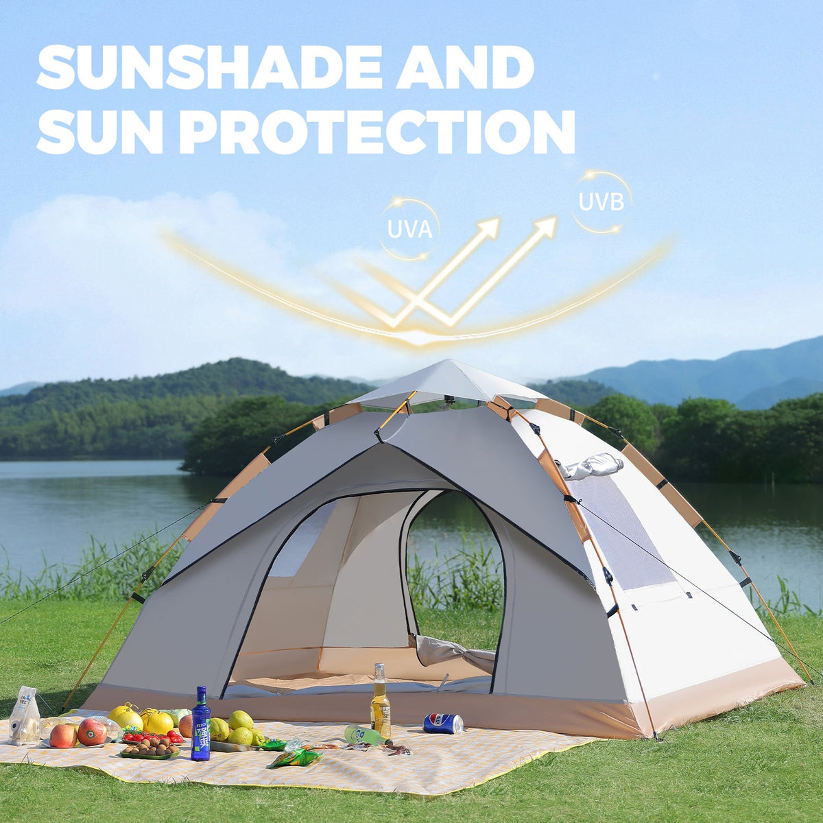 Pop-Up 3-4 Person Camping Tent Beige Waterproof Sun Shelter with Doors & Windows