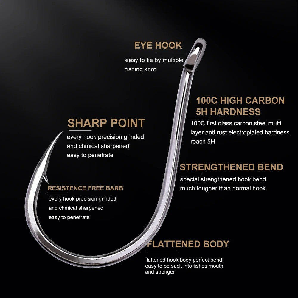 50PCS Ultra Sharp Carbon Steel Fishing Hooks - Offset Octopus Style, Multiple Sizes