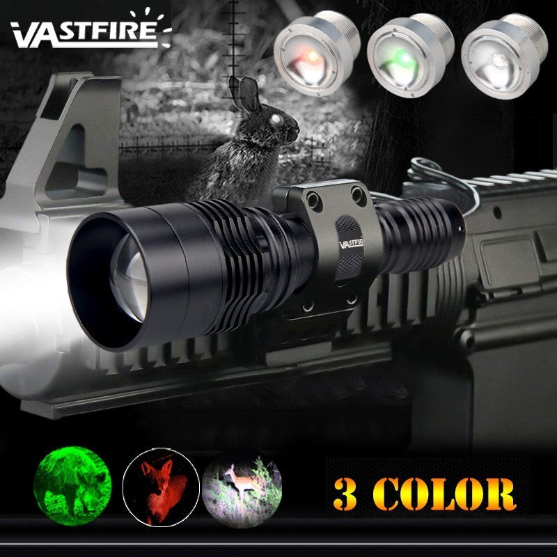 LED Hunting Flashlight with Red Green White Lights Long Range Outdoor Torch
