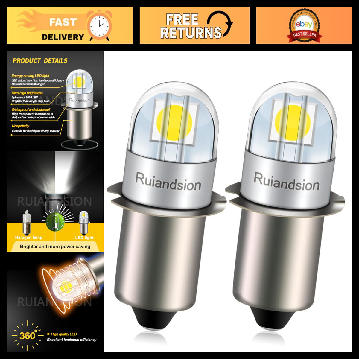 6V LED Flashlight Bulb P13.5S Non-Polarity Bright White Light Replacement