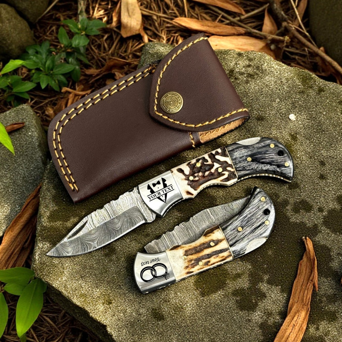 Custom Damascus Folding Knife with Stag Horn & Pakkawood Handle