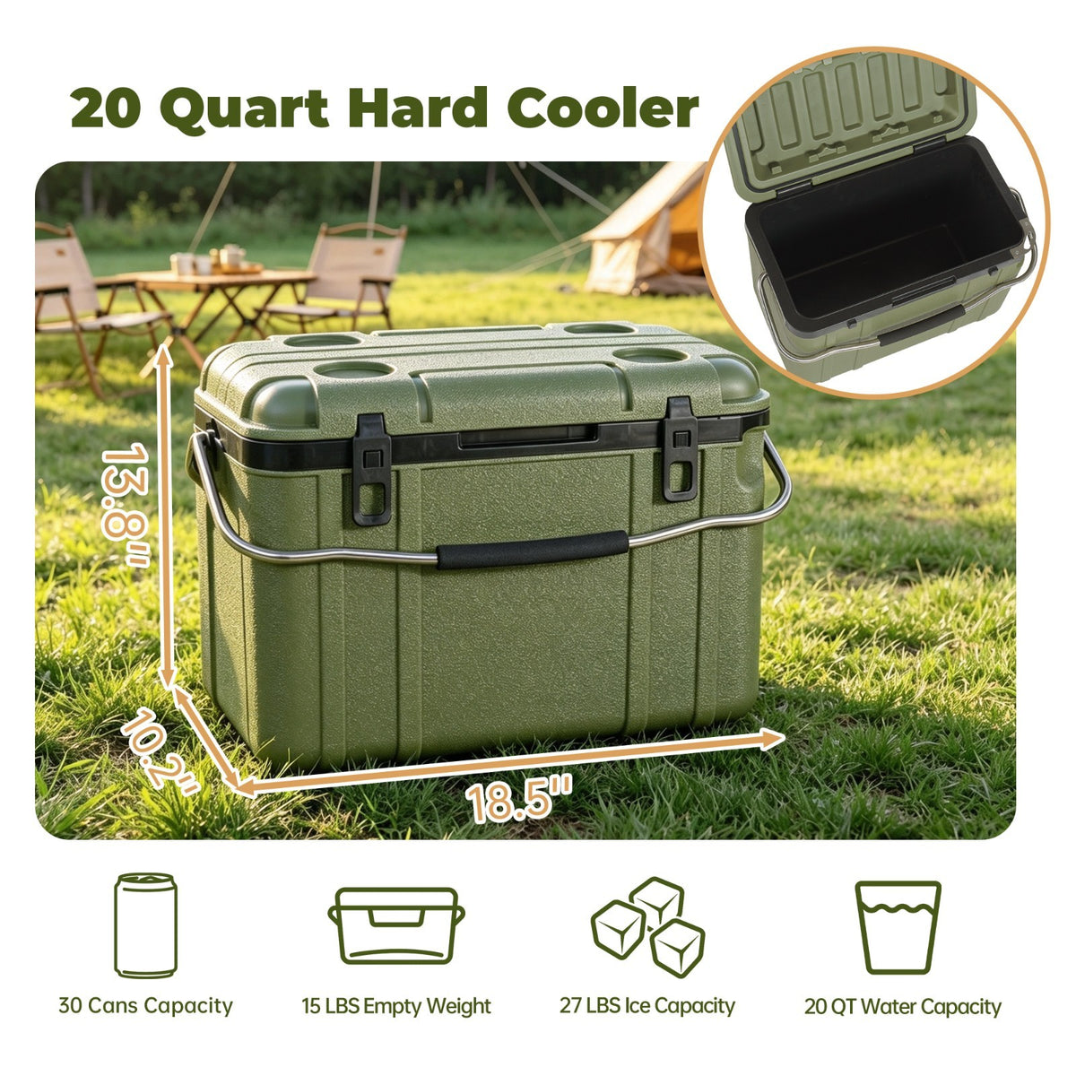 20 Quart Insulated Hard Shell Cooler Box Portable Ice Chest for Camping