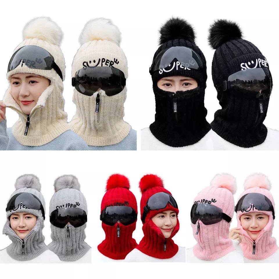 Double-Layer Fleece Winter Hat Beanie with Face and Neck Cover - Multiple Colors