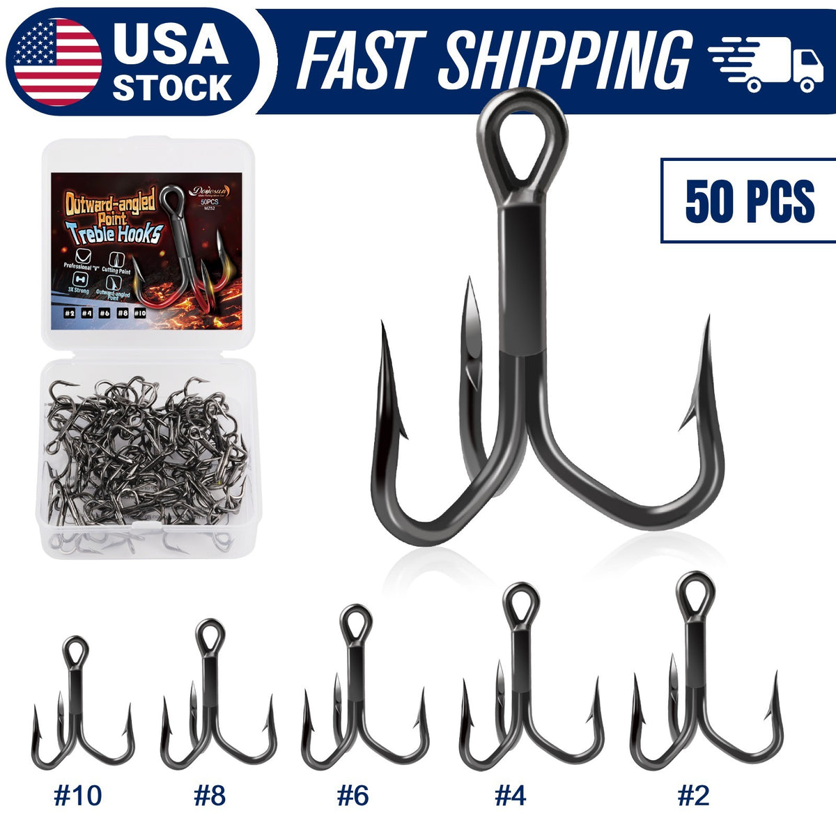 50pcs High Carbon Steel Treble Hooks Outward-Angled Point Fishing Hooks - Strong & Corrosion-Resistant