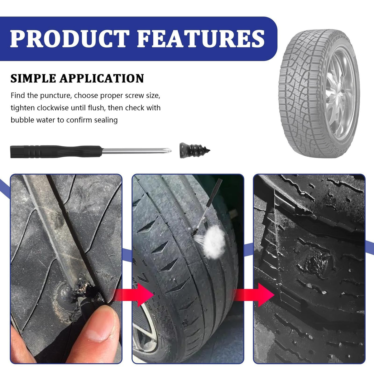 Portable Tire Repair Kit with Rubber Nails and Screwdriver for Emergency Flat Fix