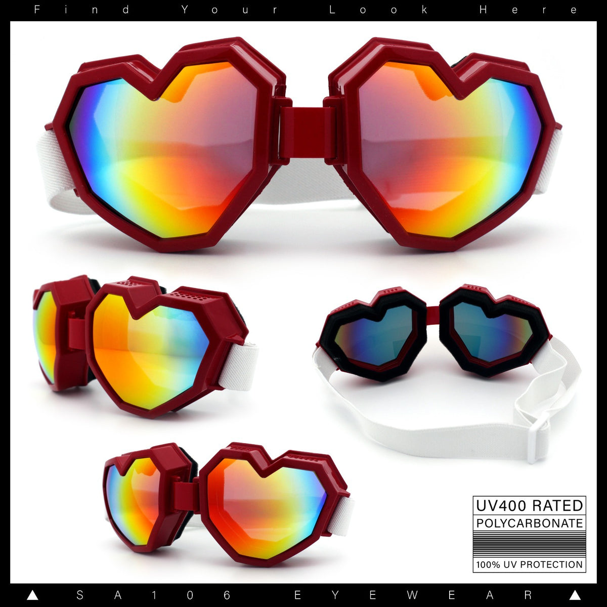 Heart Shaped Goggle Sunglasses with Mirror Lenses - Festival & Cosplay Accessory