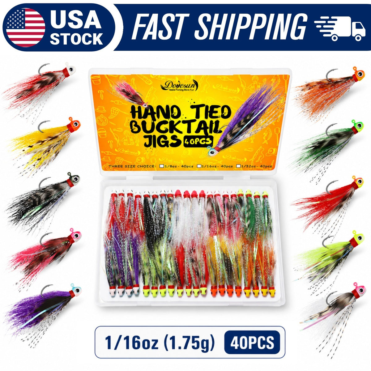 40PCS Fishing Jigs Kit - Hand-Tied Crappie Bucktail Hair Lures with 3D Eyes and V-Style Hooks