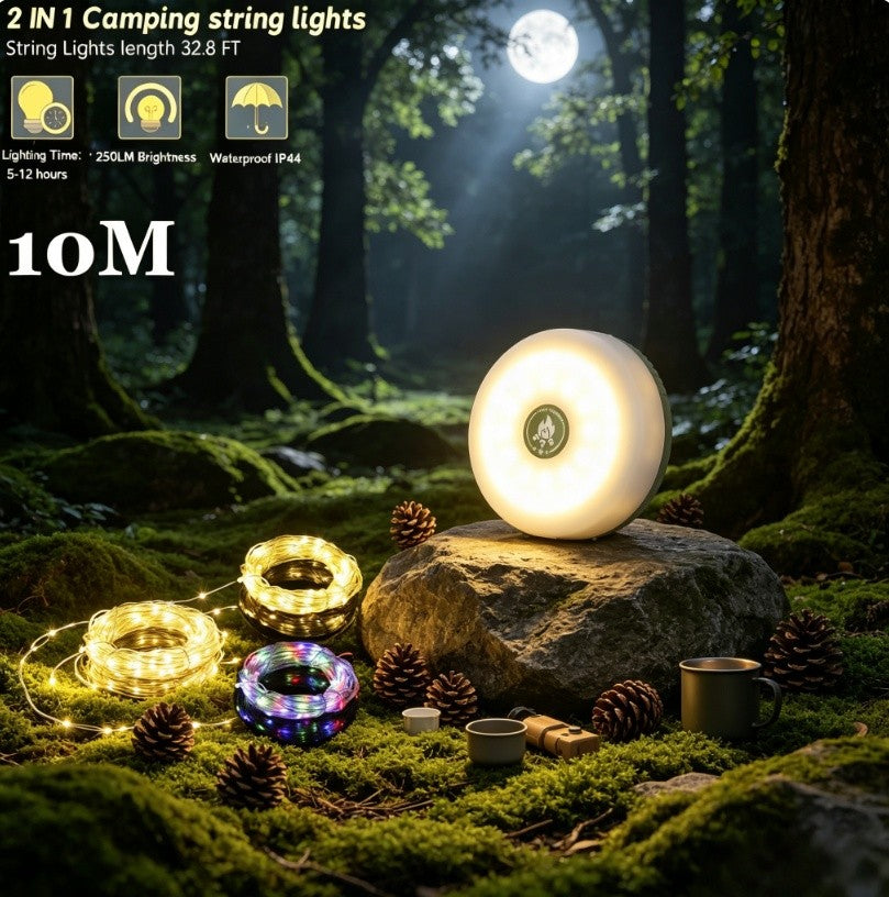 Rechargeable LED Camping String Lights with RGB & Warm Light - 33ft, Portable Tent & Garden Decor