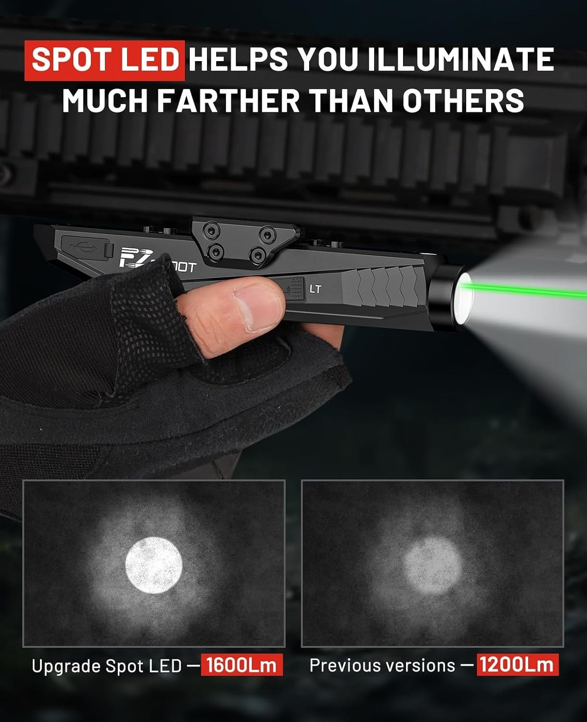 1600 Lumens Tactical Rifle Flashlight with Green Laser Combo, Rechargable, Mount