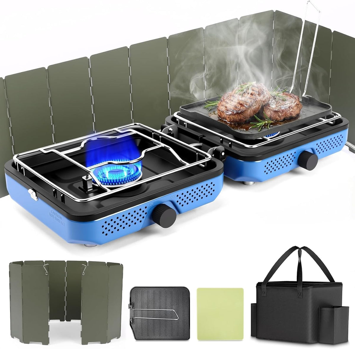 2 Burner Portable Camping Stove with Foldable Design and Cookware