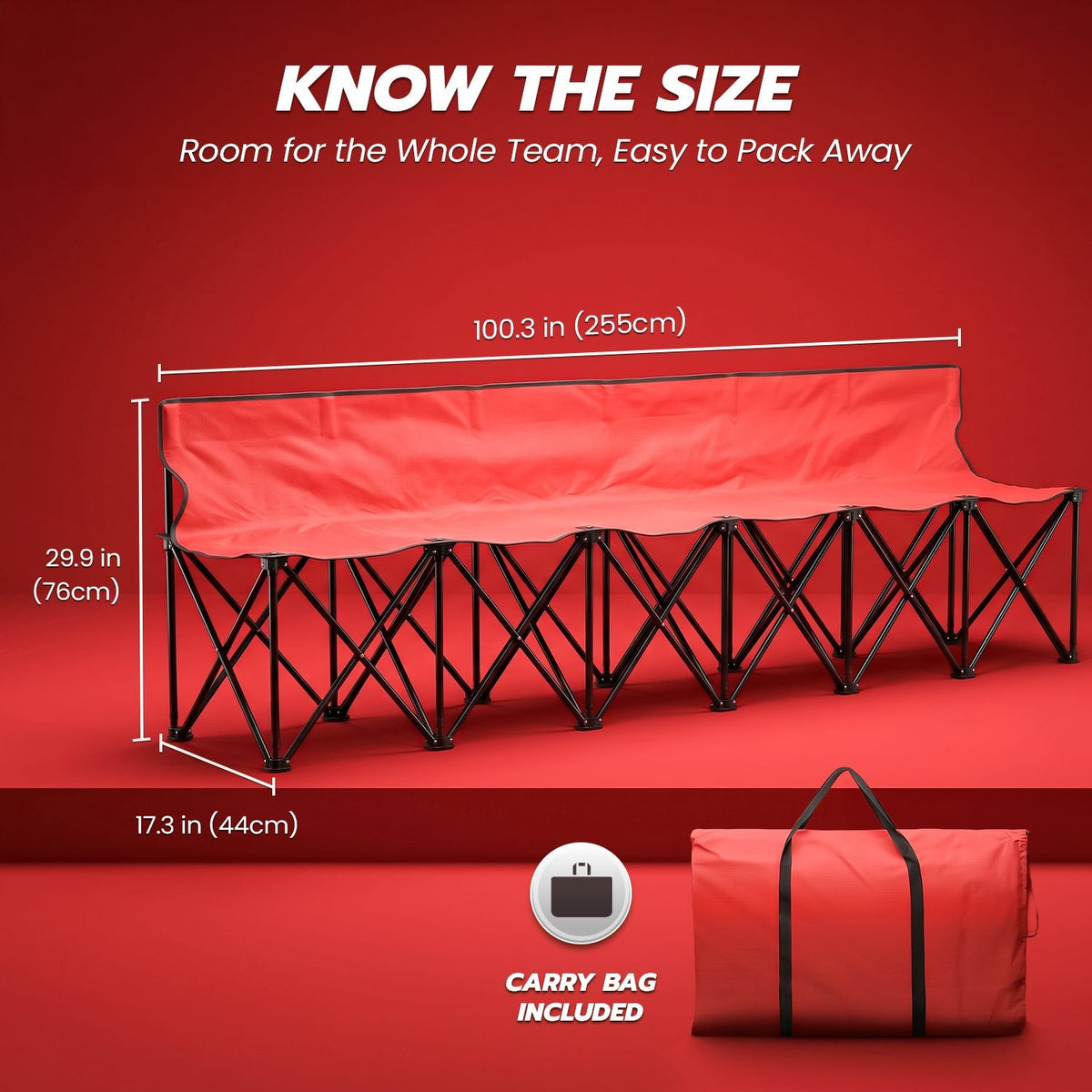 6-Person Collapsible Team Sideline Bench with Backrest - Red Sports Seating