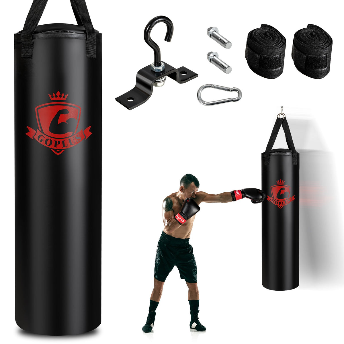 63 lb Punching Bag Set with Gloves and Hand Wraps for MMA Boxing Training
