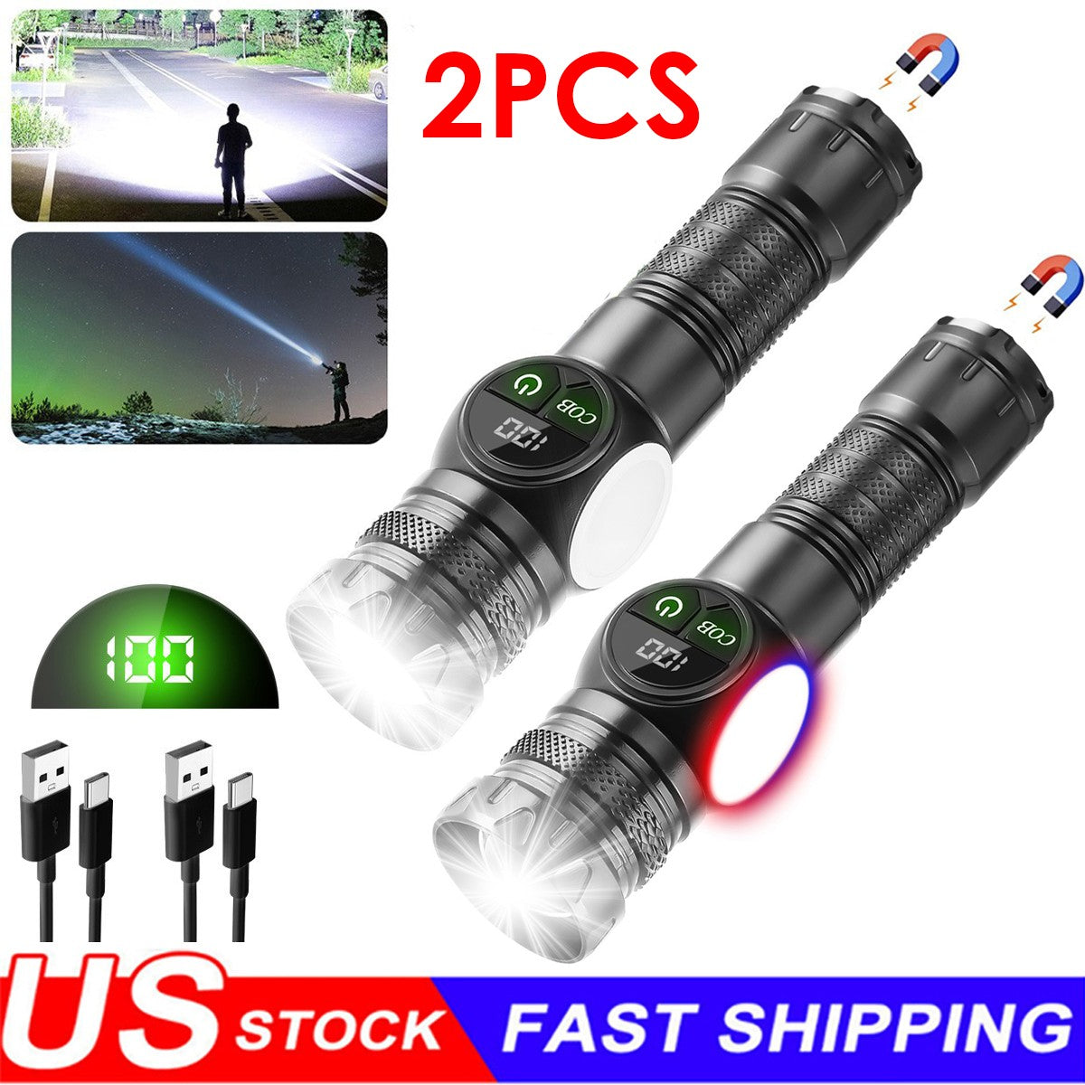 Rechargeable LED Flashlight with Magnetic Base and Multiple Modes