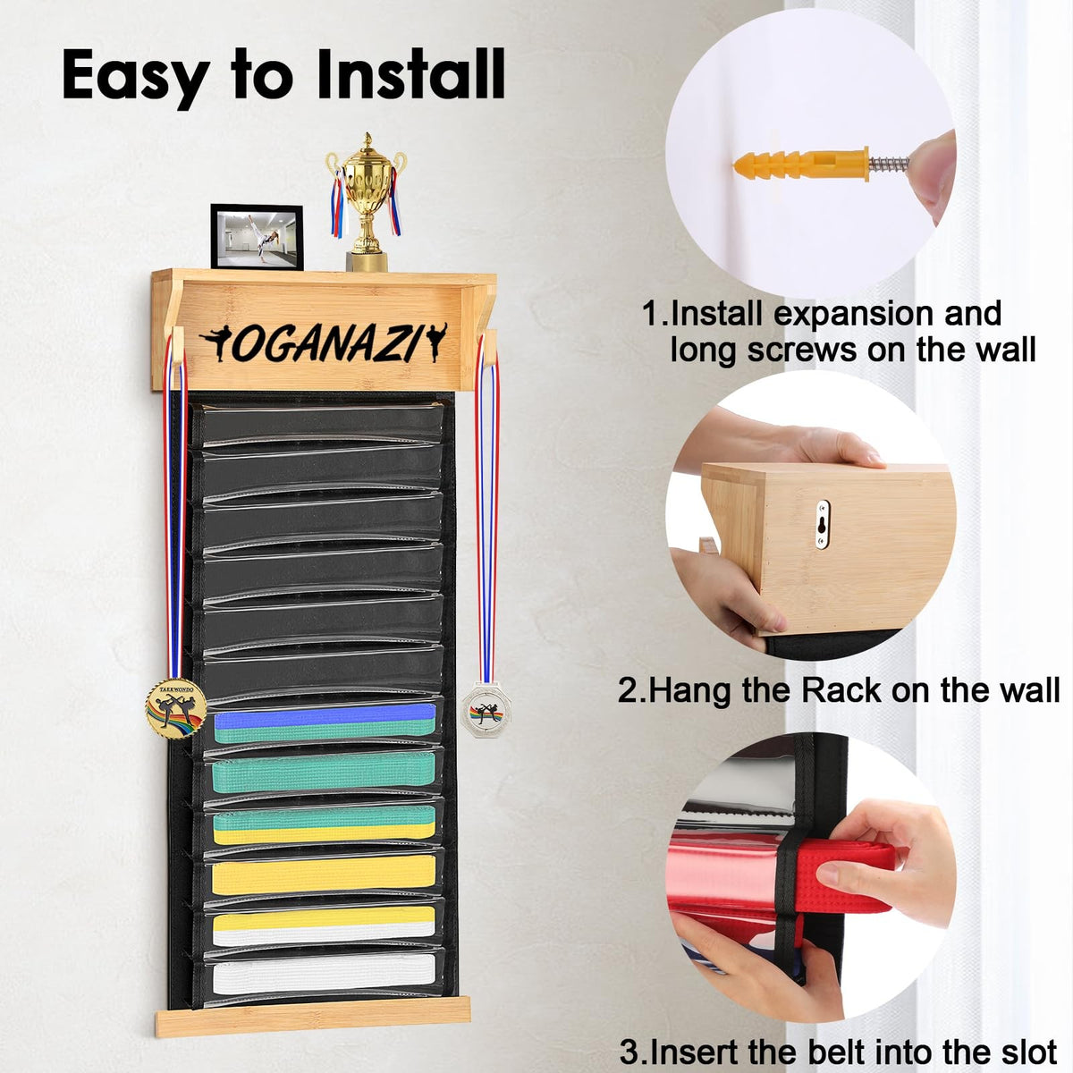 Martial Arts Belt Display Rack for Karate & Taekwondo Belts Wall Mount 12 Belts