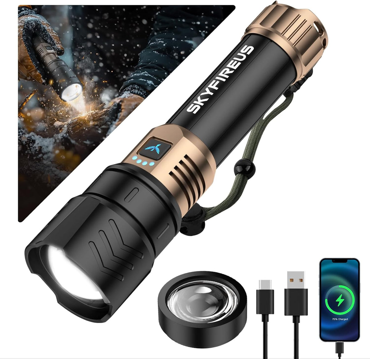 High-Lumen Rechargeable LED Flashlight with Fire Starting Lens Waterproof