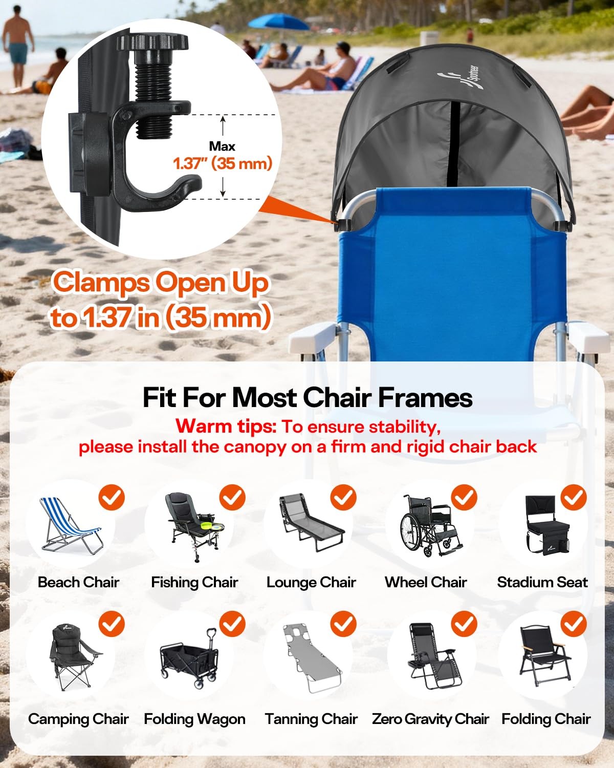 Universal UPF 50+ Sun Shade Canopy for Outdoor Chairs with Adjustable Angle & Back Flap