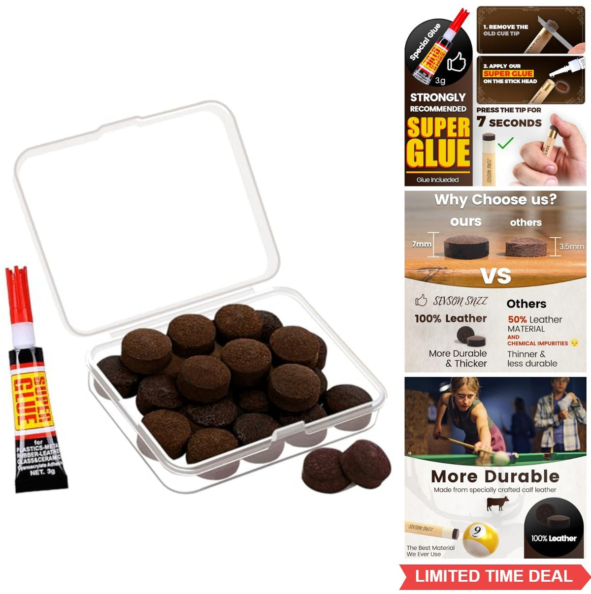 Leather Billiard Cue Tips 13mm, 20 Pack – Glue-On Medium Hardness
