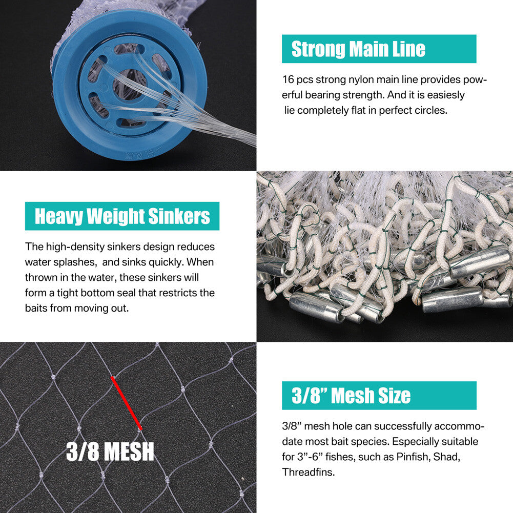 Heavy Duty Fishing Cast Net 6-16FT for Bait & Catching Fish - Durable Nylon Mesh