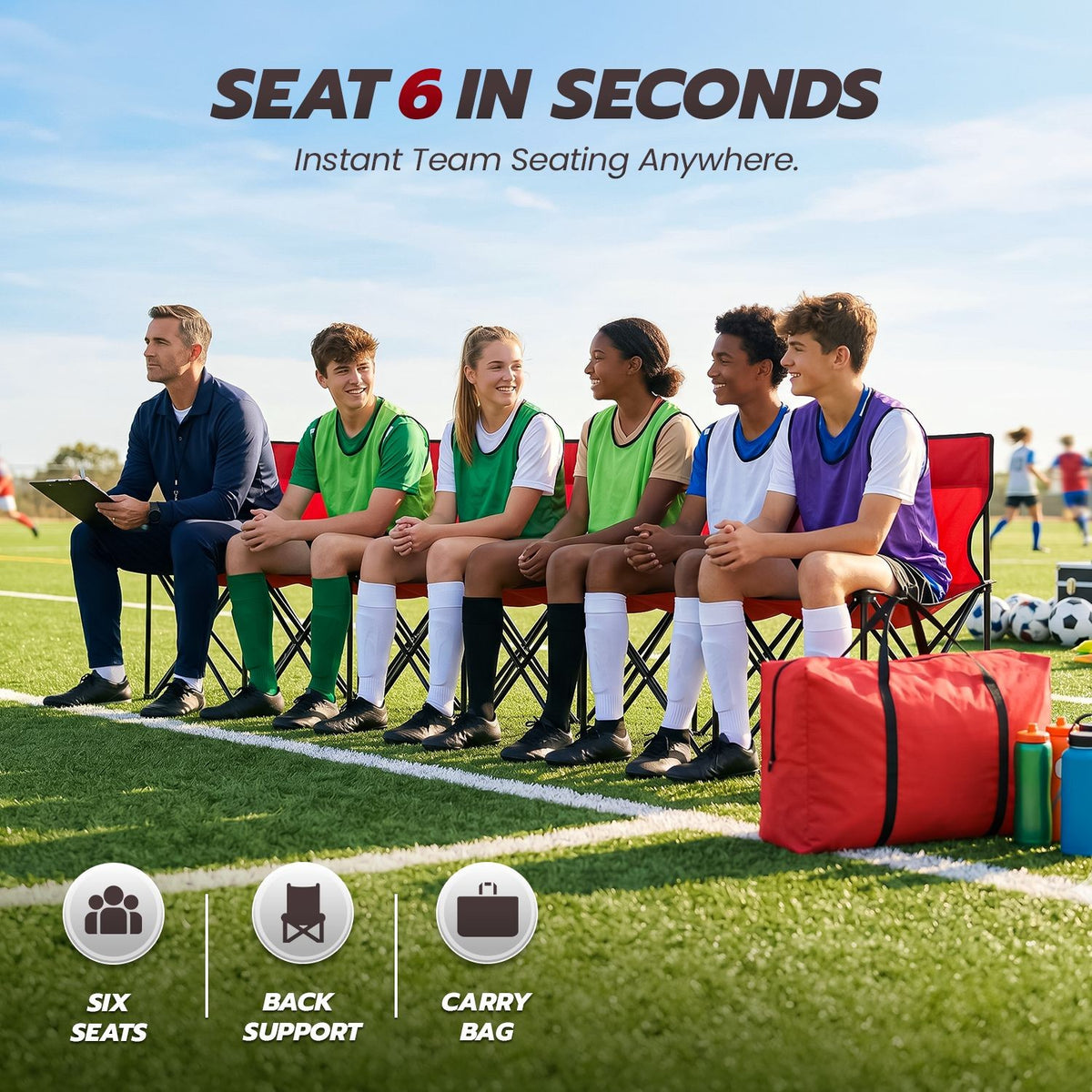 6-Person Collapsible Team Sideline Bench with Backrest - Red Sports Seating