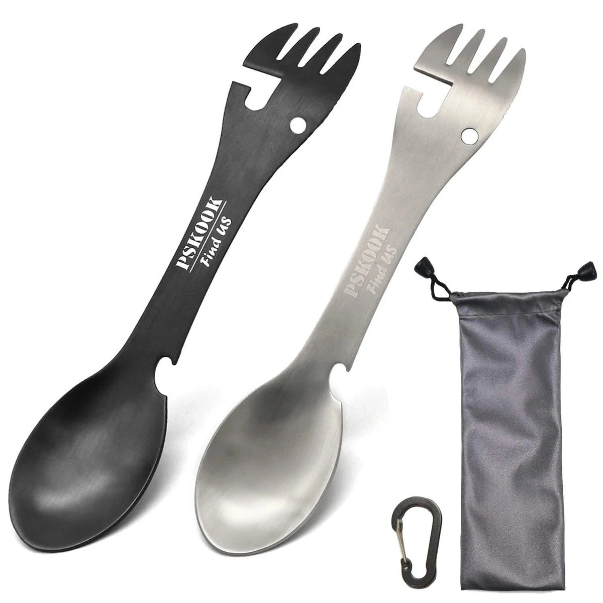 5-in-1 Stainless Steel Camping Spork Set with Bottle Opener & Carabiner