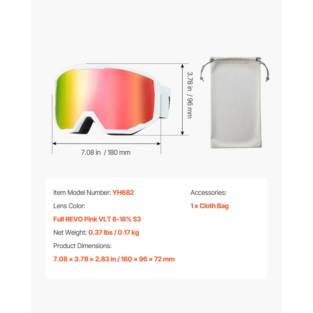 Ski Goggles with Cylindrical Lens & Pink Revo Coating - Snow Sports