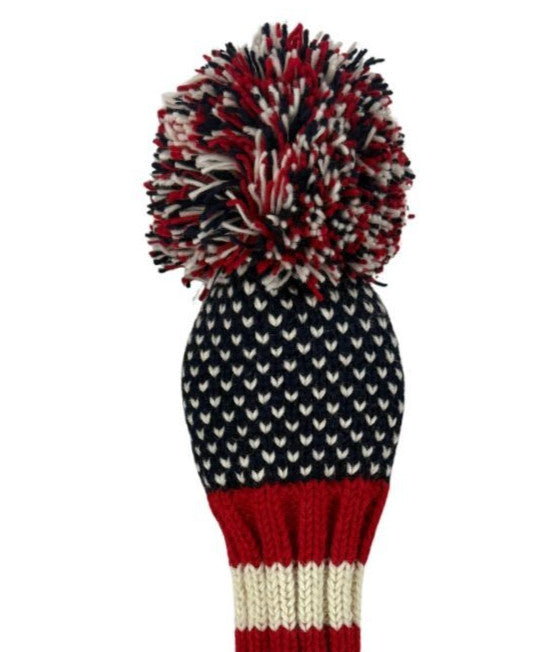 Hand Knit Wool Golf Headcover for Drivers Up to 460cc - Red, White & Blue Chevron