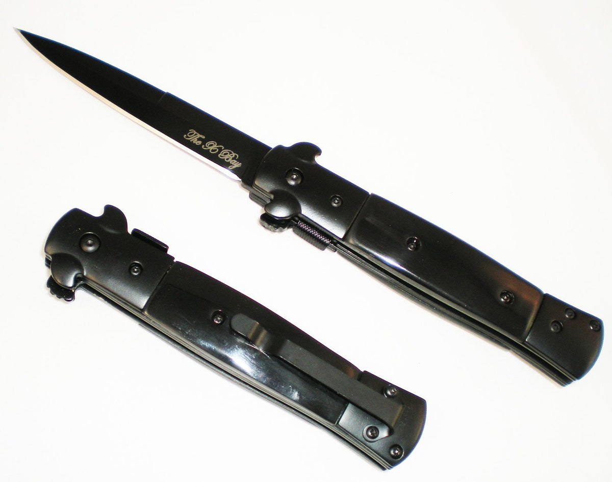 12 Pack Black Handle Pocket Knife with Black Blade - Michael Corleone Style