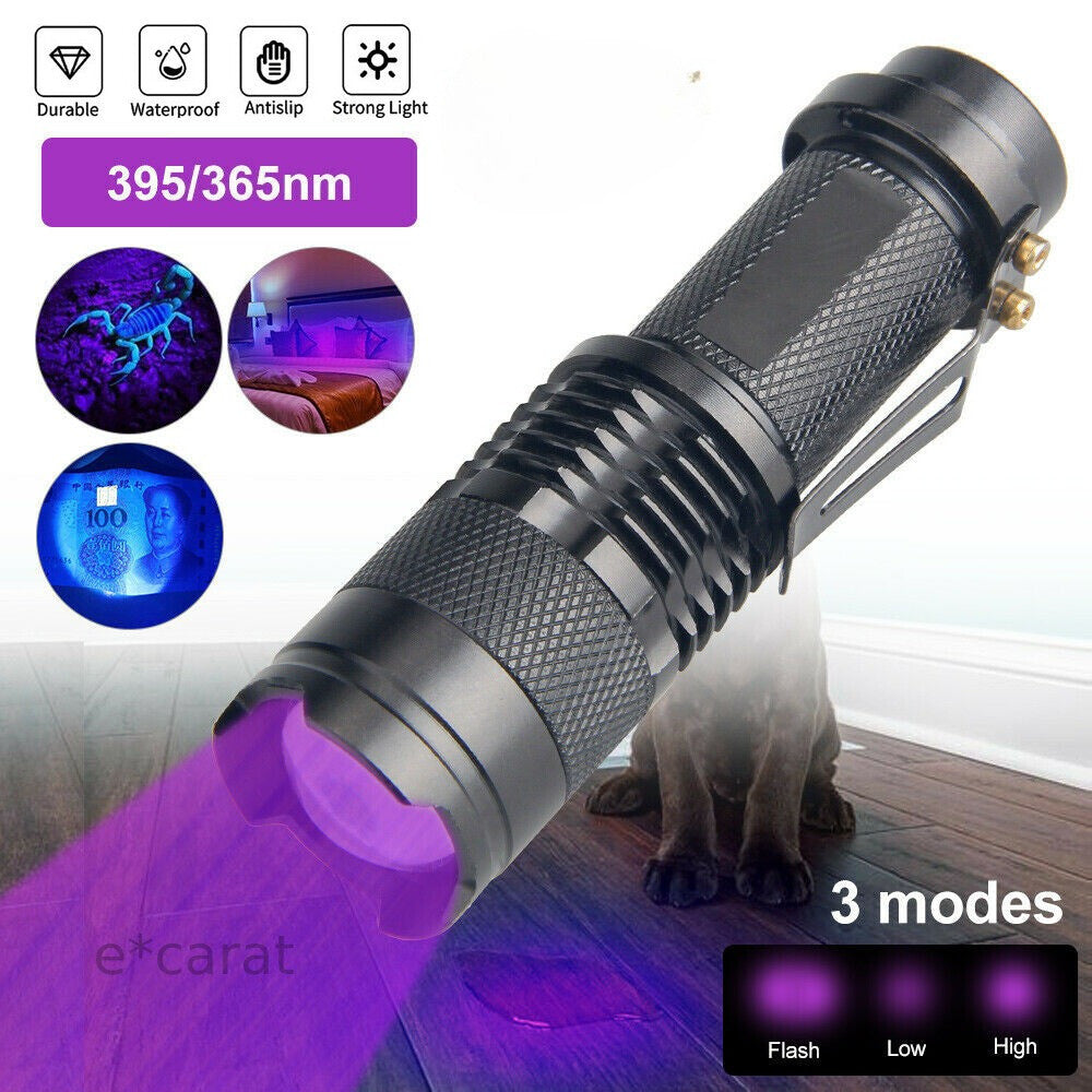 UV Ultraviolet Flashlight Black Light 365nm/395nm for Stain Detection Waterproof