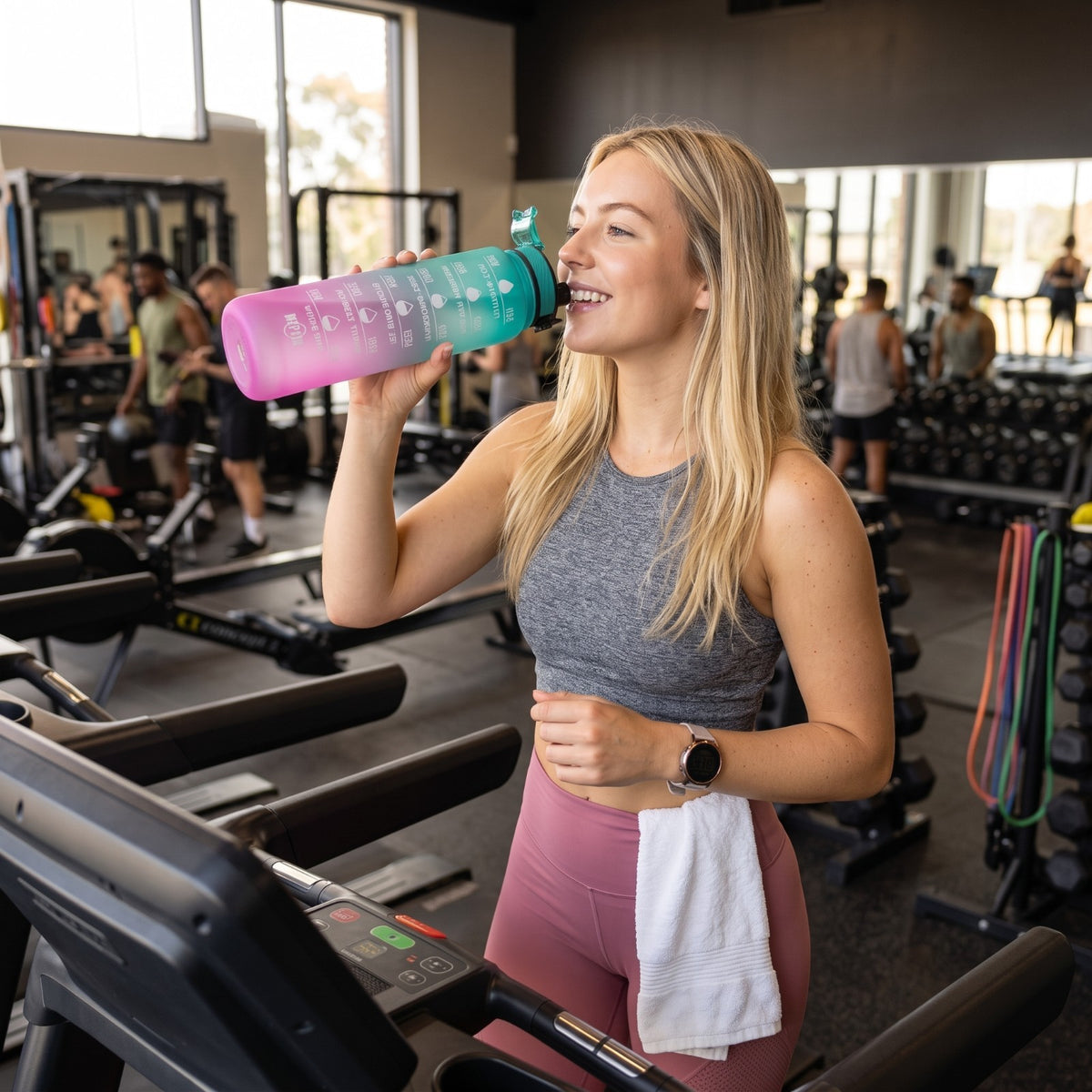 1L Motivational Water Bottle with Time Marker and Straw - BPA Free Tritan, Green Pink Gradient
