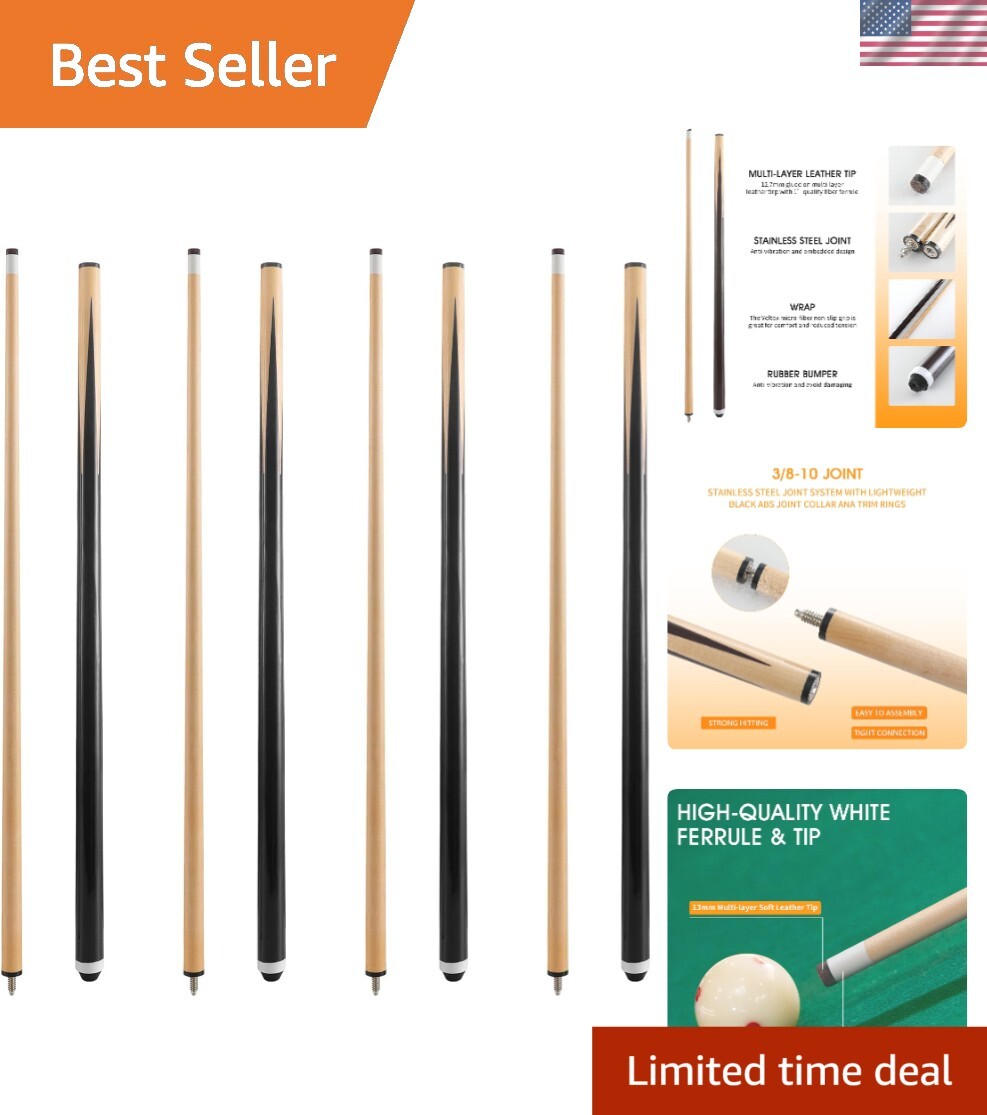 Set of 4 Billiard Cues with 13mm Leather Tips - Canadian Hardwood, 42"-58"
