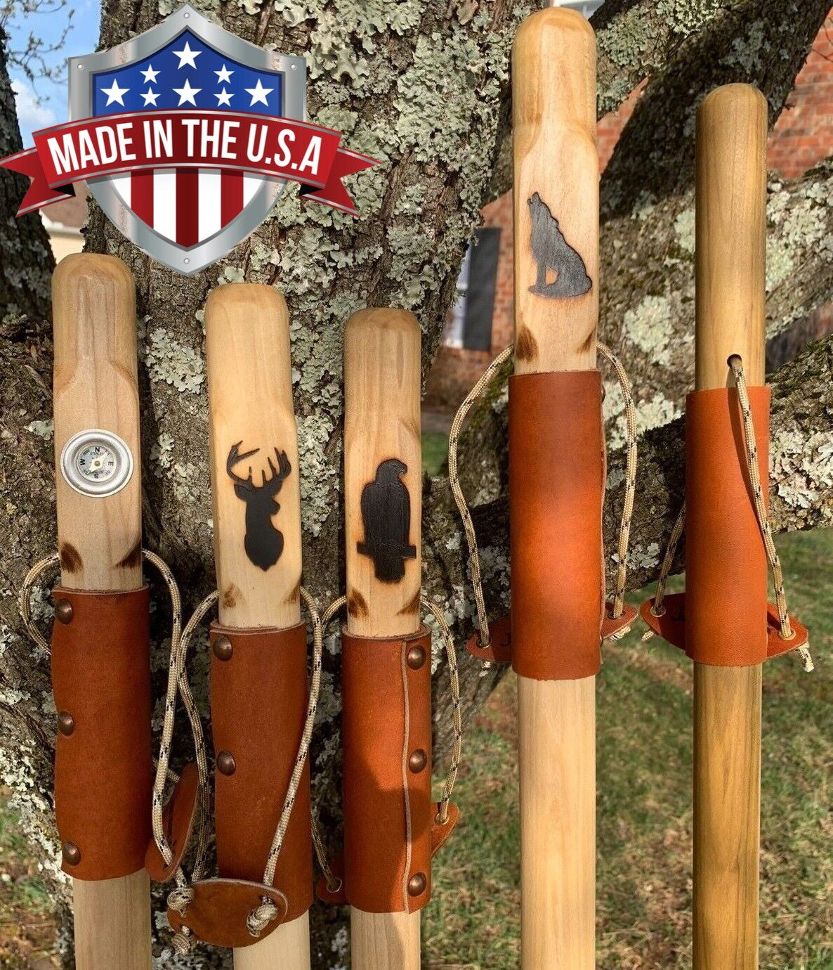 Hand Carved Wooden Hiking Stick with Natural Earth Tones and US Craftsmanship