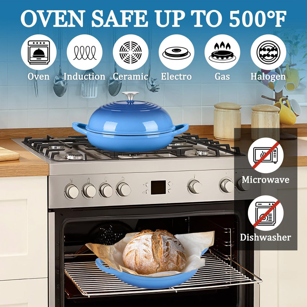 6 Quart Cast Iron Dutch Oven for Bread Baking - Blue